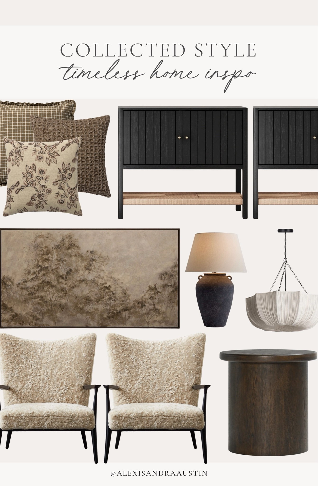 Timeless collected home style inspo! Loving these furniture staples and moody accents from cozy, throw pillows, to statement lighting.

Home finds, ￼ neutral home inspo, collected style, furniture favorites, neutral wood tones, summer refresh, ￼neutral wall art, statement lighting, pendant light, table lamp, cozy accent chair, wooden side table, accent table, Wayfair, Nathan James, Crate and Barrel, Loloi, Arhaus, McGee and Co, CB2, Lumens, shop the look!

#LTKSeasonal #LTKHome