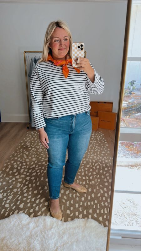 Loving this elevated basic look. Striped shirt and jeans with a pop of color on my neck scarf, loft has some beautiful pieces to elevate any outfit! 

#LTKstyletip #LTKmidsize #LTKworkwear