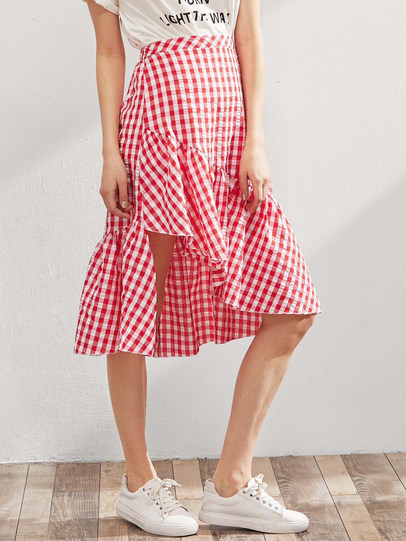 Elastic Waist Gingham Asymmetric Frill Skirt | SHEIN