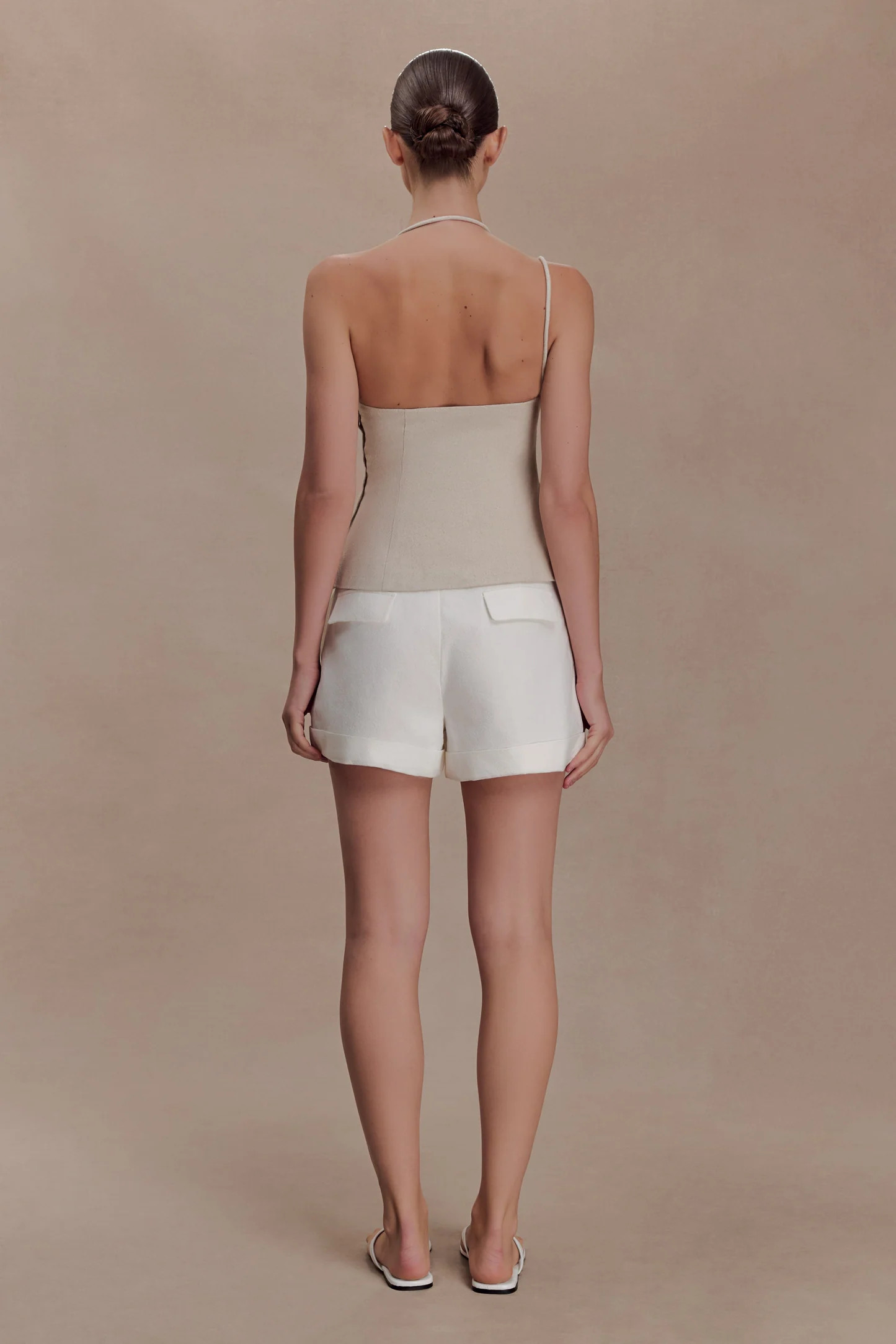 Gabby Asymmetrical Neckline Linen Beaded Top - Natural | Meshki UK