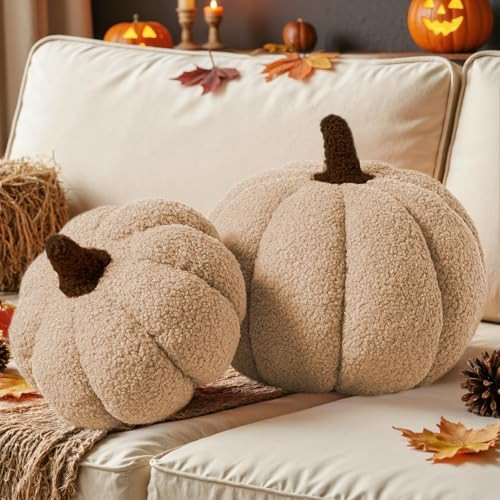 Lanpn Fall Pumpkin Pillows Set of 2, Halloween Decoration Decorative Throw Pillows Soft Fleece Sherpa Cute 3D Shaped Cushion for Sofa Couch Bedroom Autumn Thanksgiving (Beige, 12.6x8.7in & 9x5.9in) | Amazon (US)