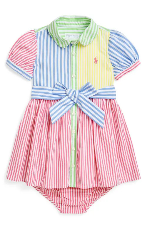 Ralph Lauren Stripe Colorblock Cotton Shirtdress & Bloomers in Pink Multi Stripe at Nordstrom, Size 9M | Nordstrom