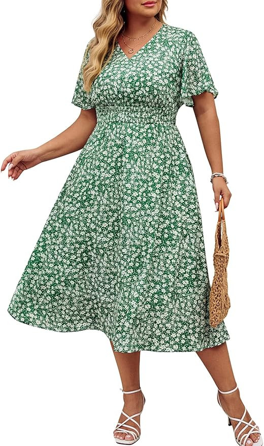 Hanna Nikole Women's Plus Size Summer Floral Dress Casual Short Sleeve Sundress Swing A Line Maxi... | Amazon (US)