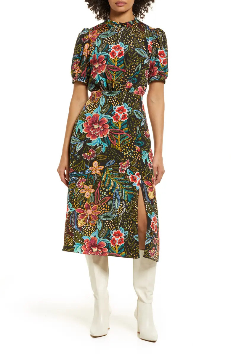 Floral Print Tie Neck Midi Dress | Nordstrom