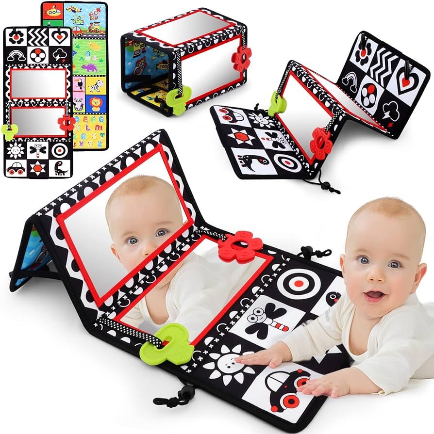 Tummy Time Floor Mirror with Teethers, Double-Sided Baby Mirror Black and White High Contrast Bab... | Amazon (US)