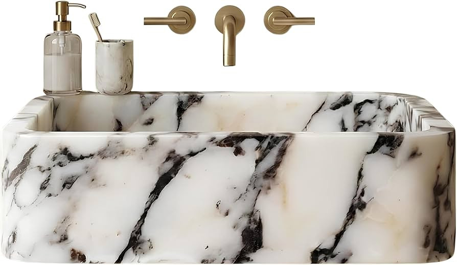 Calacatta Viola Marble Sink, Solid Stone Bathroom Vessel Sink, Rectangular Marble Vanity Basin, H... | Amazon (US)