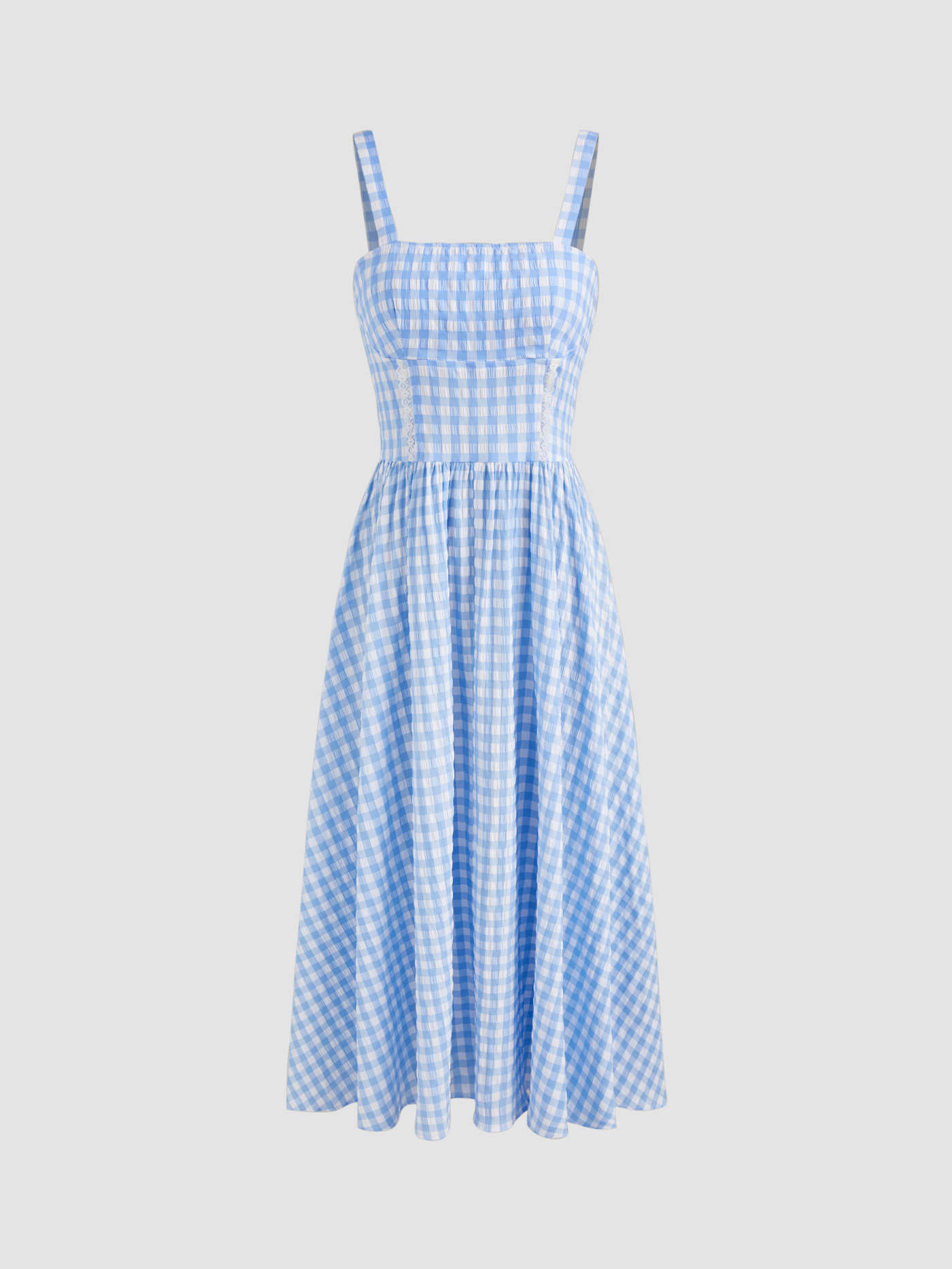 Woven Square Neck Gingham Lace Detail Zipper Maxi Dress For Picnic School | Cider