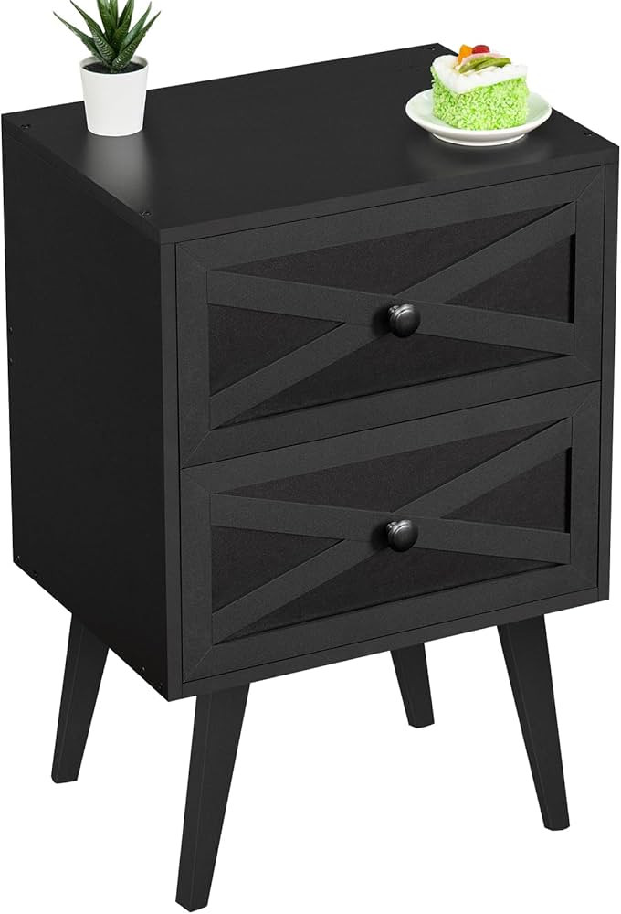 Lerliuo Black Nightstand, Bed Side Table with 2 Drawers Barn Door, Solid Wooden Legs Night Stand,... | Amazon (US)