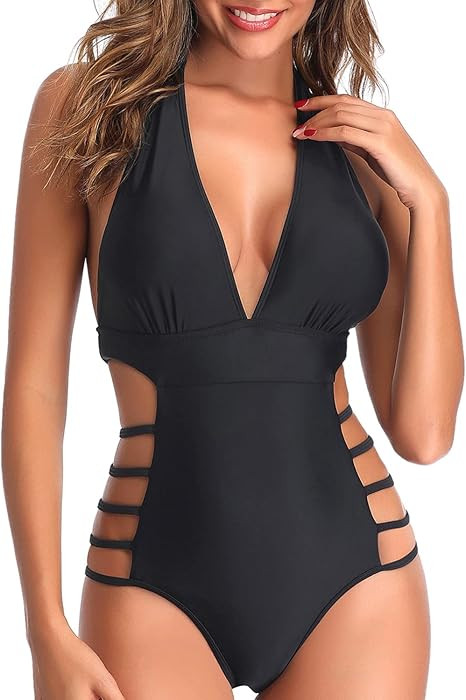 Tempt Me Women One Piece Swimsuits Sexy Cutout Bathing Suits Plunge Halter Swimwear Deep V Neck M... | Amazon (US)