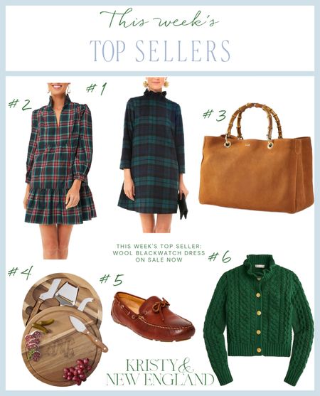 Top Sellers this week: #1 Blackwatch dress #3 suede & bamboo Italian bag, #3 tartan party dress #4 charcuterie board cheese board # 5 men’s leather sperry deck shoes, #6 green cardigan with ruffle neck 

#LTKover40 #LTKHoliday #LTKparties