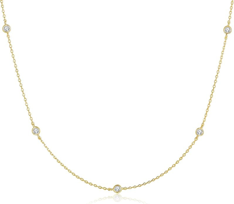 MINDDHA 14K White/Yellow Gold Plated Station Necklace | Cubic Zirconia Layering Chain Necklace fo... | Amazon (US)