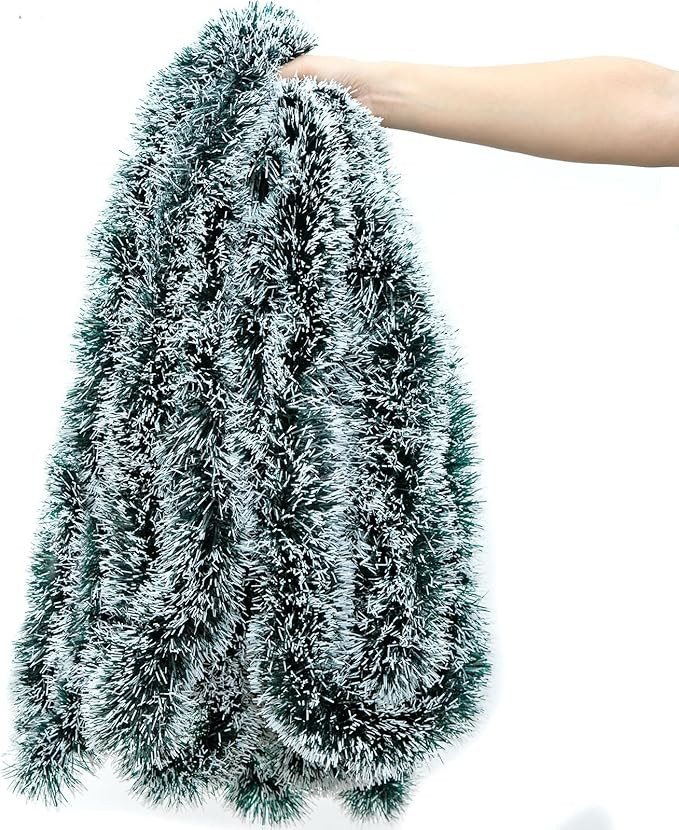 50FT Christmas Tinsel Garland, Green Metallic Twist Foil Tinsel Garland Snow Flocked Artificial G... | Amazon (US)