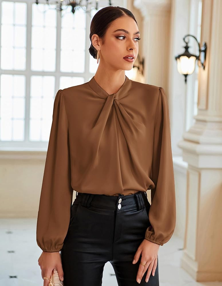 GRACE KARIN Women's Long Sleeve Satin Blouse,Mock Neck Work Silk Shirts,Dressy Tops for Business ... | Amazon (US)