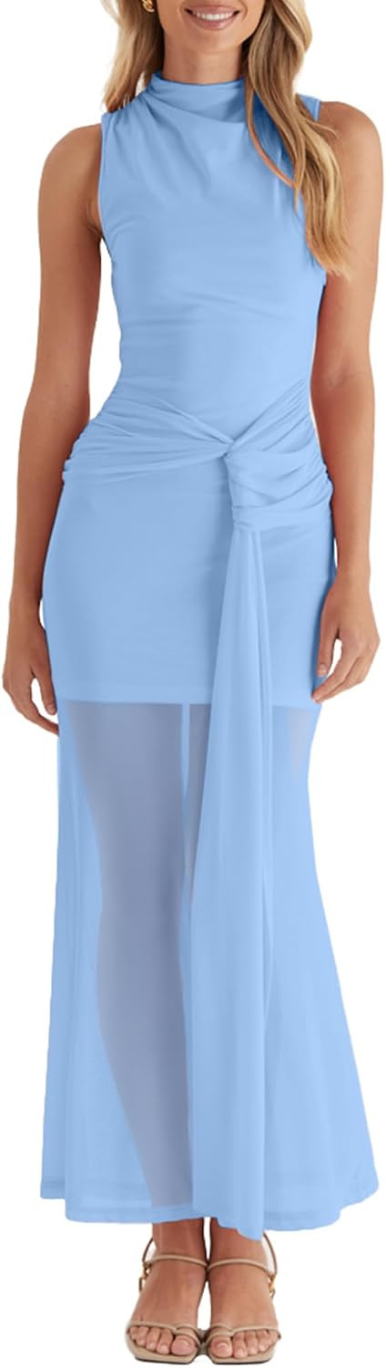 OWIN Women’s Bodycon Long Maxi Dress Elegant Sleeveless Mock Neck Ruched Mesh Sheer Hem Cocktail Wedding Guest Dress | Amazon (US)