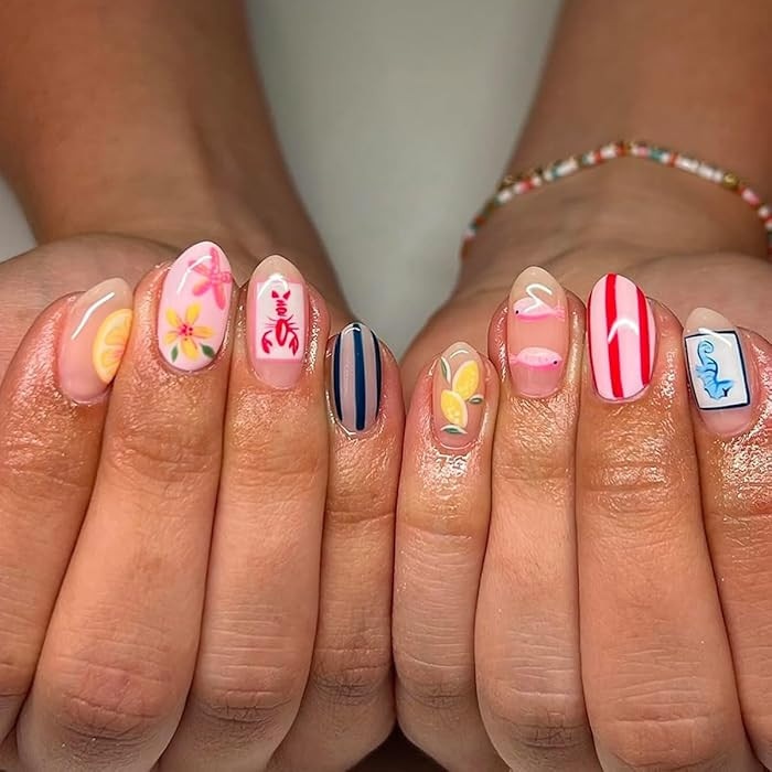 Cute Summer Press on Nails Short Oval Fake Nails Beach Nails Press ons with Lemon Flower Stripe S... | Amazon (US)