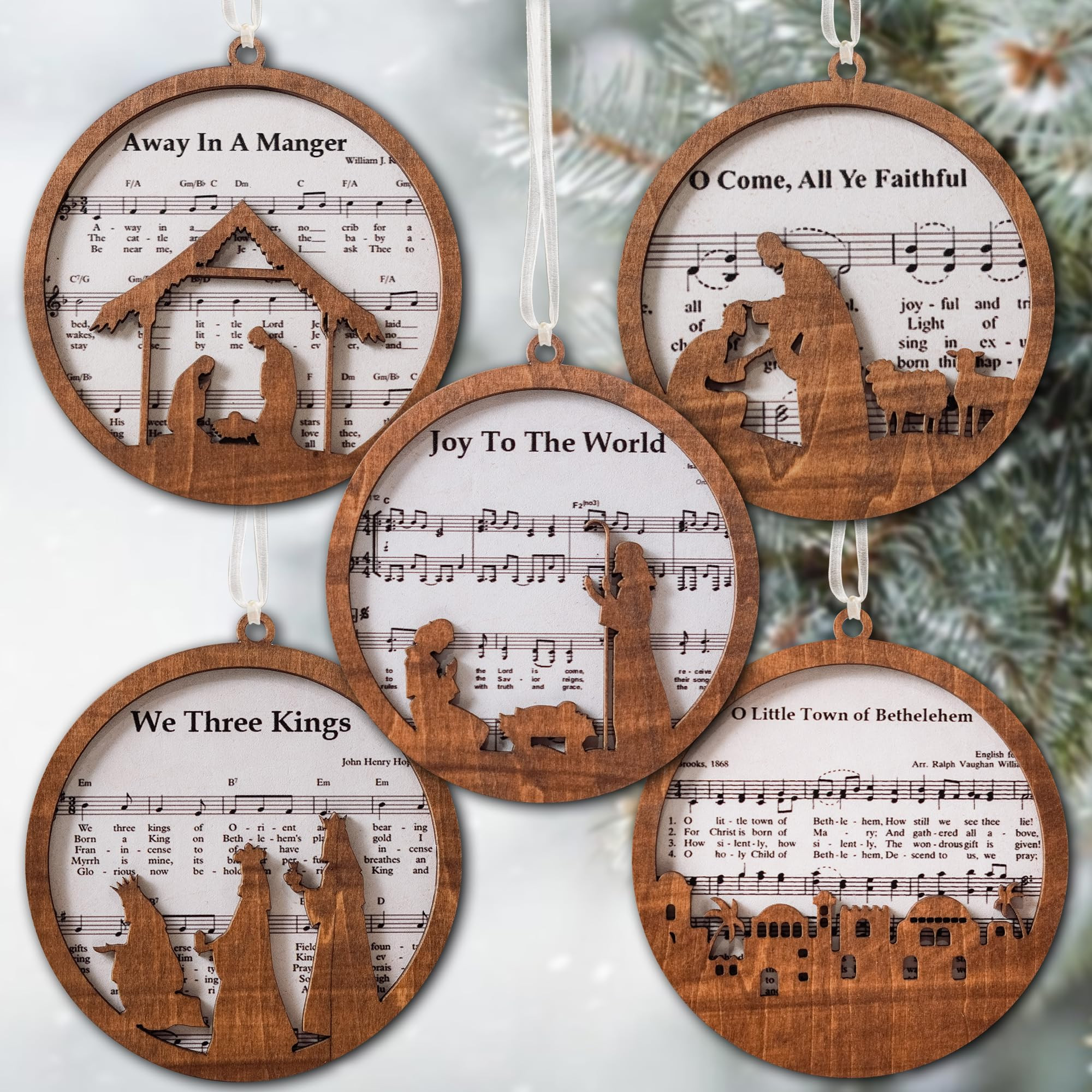 Pack of 5 Wooden Music Sheet Nativity Ornaments Bulk, Christmas Catholic Scene Ornament, Christia... | Amazon (US)