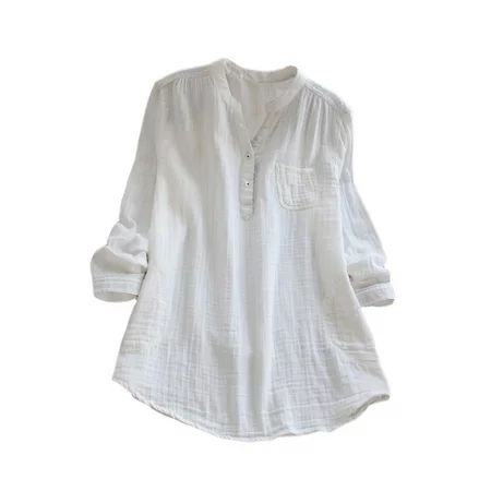 Avamo Plus Size Women V Neck Collarless Long Sleeve Button Down Pocket Casual Shirt Tops Cotton Line | Walmart (US)
