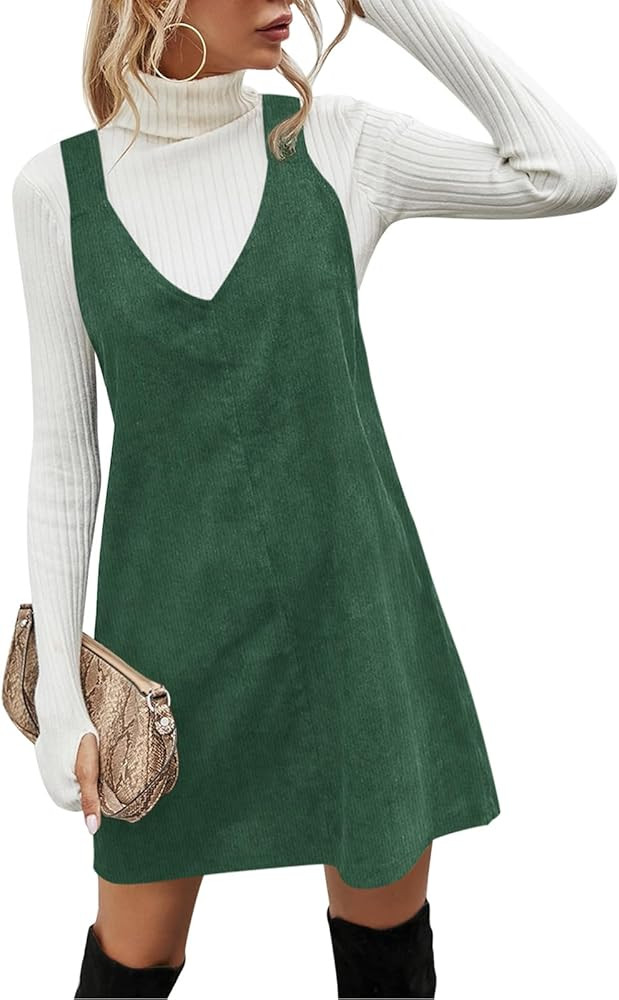 Koinshha Women V Neck Corduroy Overall Dress Casual Loose Short Pinafore Dresses Cute Mini Jumper... | Amazon (US)