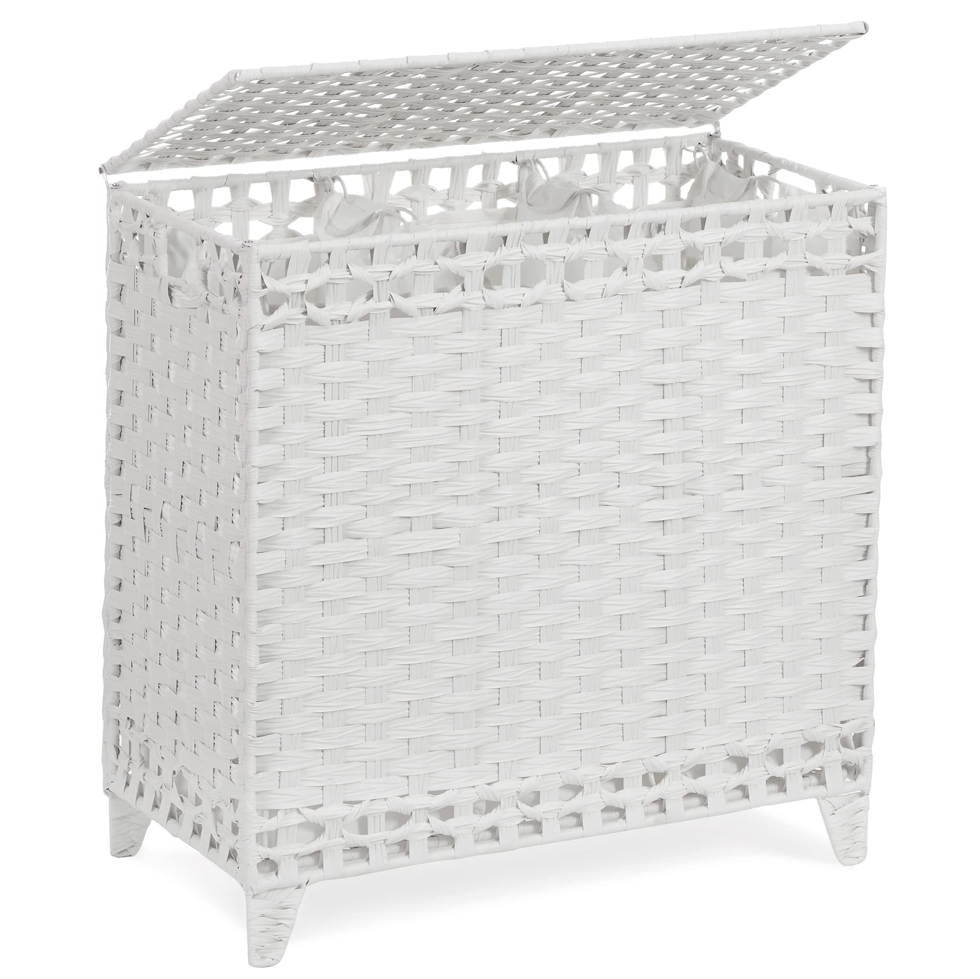 Laundry Hamper with 3 Removable Liner Bags; 132L Handwoven Rattan Laundry Basket with Lid & Heightened Feet; Clothes Hamper with Side Handles; Laundry Sorter with 3 Separate Sections (White) | Amazon (US)