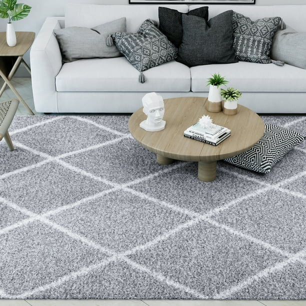 Transitional 8x10 Area Rug Shag Thick (7'10'' x 10'2'') Diamond Silver, White Living Room Easy to... | Walmart (US)