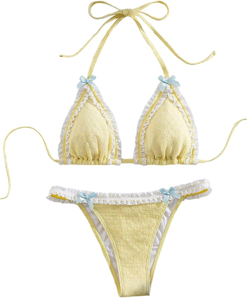 Milumia Women's Lace Trim Bow Tie Bikini Set Triangle Halter Cheeky 2 Piece Swimsuit | Amazon (US)