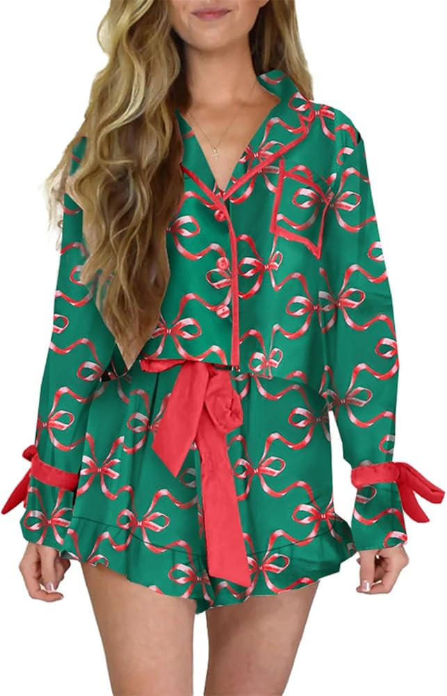Christmas Pajama Shorts Sets for Women Bow Tie Long Sleeve Button Down Shirt and Shorts 2 Piece L... | Amazon (US)