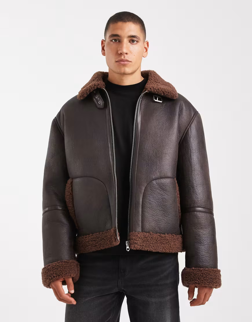 ASOS DESIGN faux leather borg lined aviator jacket in dark brown | ASOS (Global)