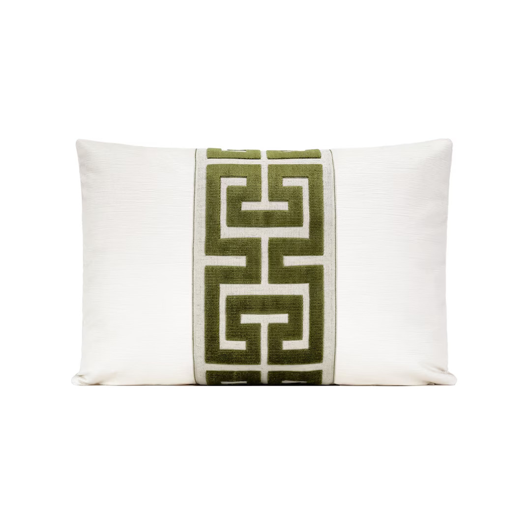 Alabaster Velvet Pillow Cover With Olive Greek Key Trim 18x18, 20x20, 22x22, 24x24, Lumbar Pillow... | Etsy (US)