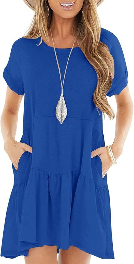 YIBOCK Women's Summer Short Sleeve Crew Neck T Shirt Dress Casual Loose Swing Dress with Pocket | Amazon (US)