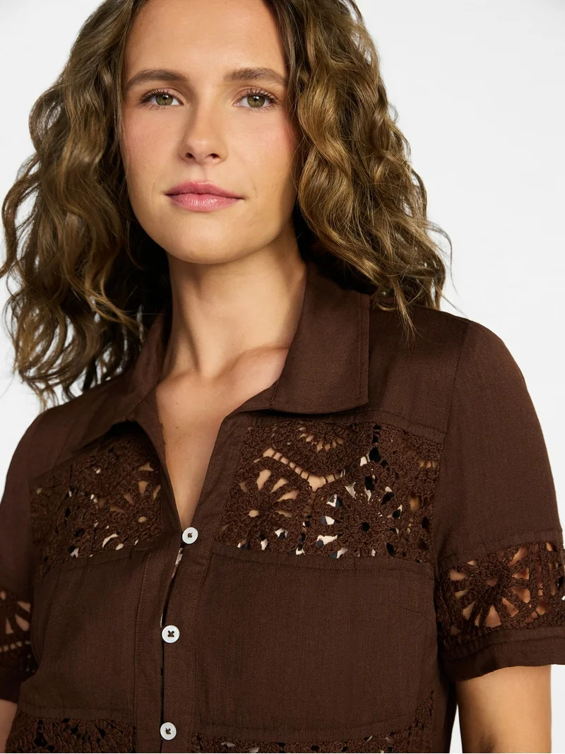 Time and Tru Women's and Women's Plus Size Palm Crochet Coverup Top, Sizes XS-3X | Walmart (US)