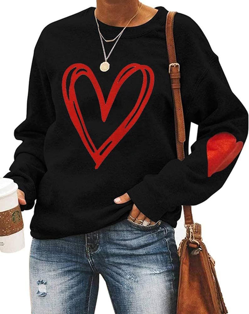 Valentine's Day Sweatshirt Women Love Heart Grahic Print Long Sleeve Pullover Casual Blouse Tops | Amazon (US)