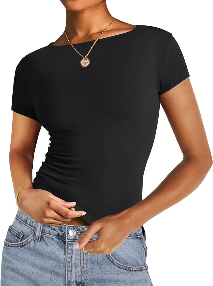 AKEWEI Long Sleeve Crop Tops for Women 2 Pack Fall Going Out Outfits Cute Tight Basic Tees Shirt | Amazon (US)