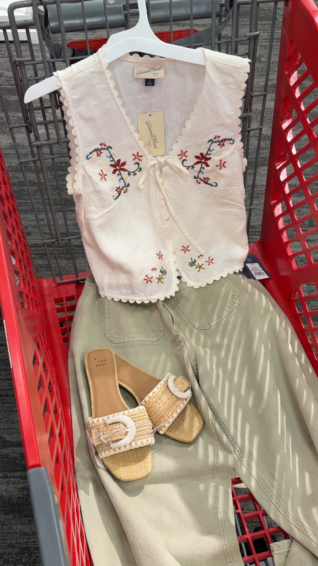 Target embroidered vest and light olive green pants, summer outfit idea. #targetcreator