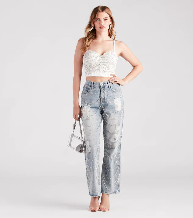 Glitzy Icon Rhinestone Draped Straight-Leg Jeans | Windsor Stores