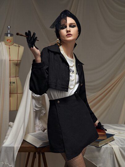 SHEIN X MAY‘G Button Front Crop Jacket & Asymmetrical Skirt | SHEIN