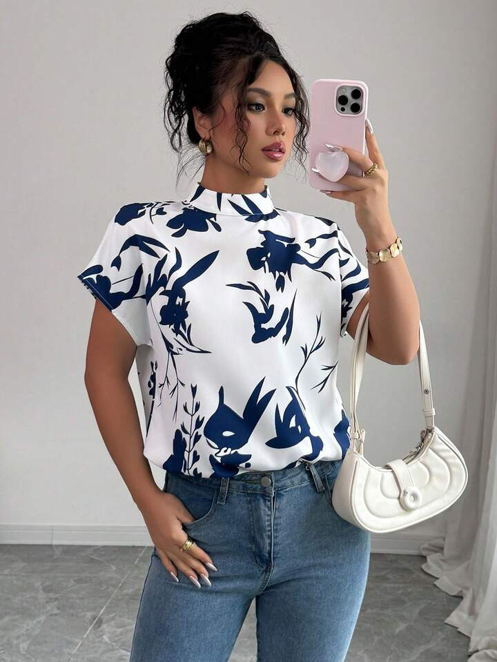 Elenzga Women's Fashion All-Over Print Half-High Collar Short Sleeve Blouse | SHEIN