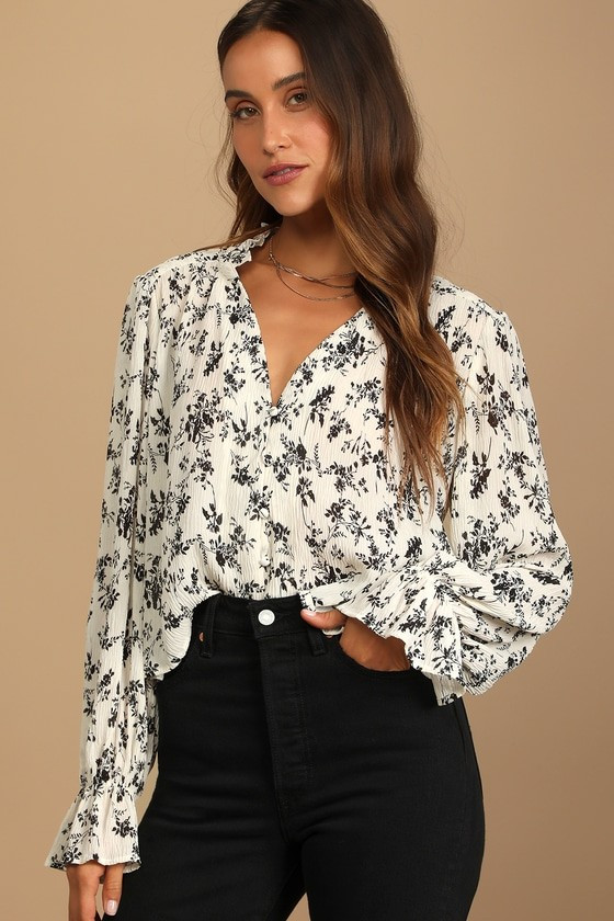 Keep Things Classy Beige Floral Print Button-Up Long Sleeve Top | Lulus