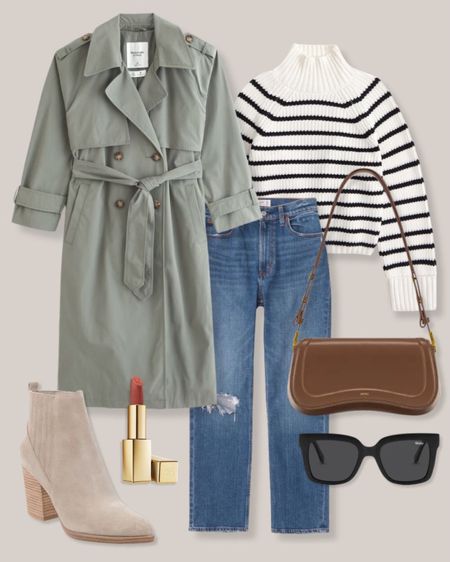 Green trench coat
Striped sweater
High waisted jeans
Brown bag
Black sunglasses
Suede ankle boots
Pink lip stick
Spring outfit
Winter outfit
Abercrombie outfit
Casual outfit

#LTKsalealert #LTKSeasonal #LTKstyletip