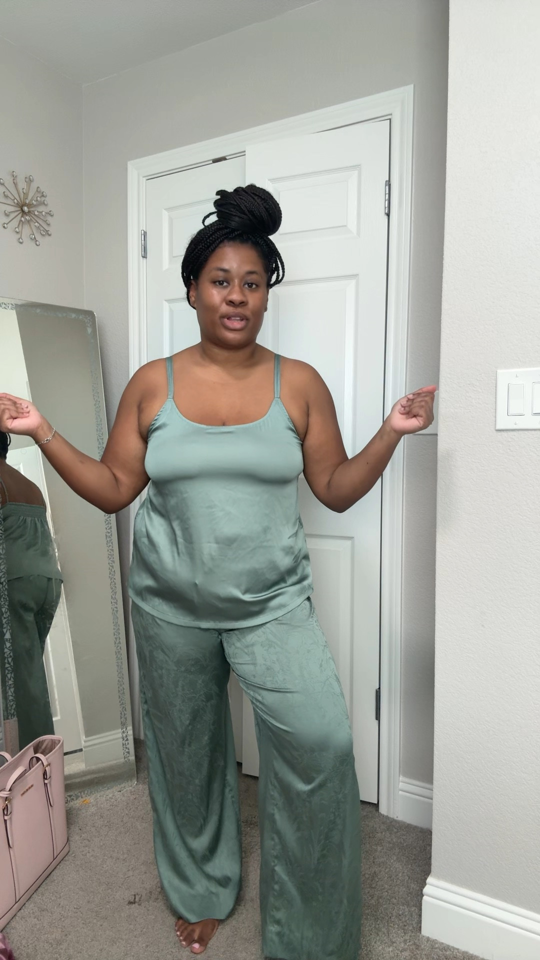 Satin pajamas for the win! 

The length is slightly long but not too bad (I’m 5’2”) wearing a size large. The top has adjustable straps and a bit of stretch in the back of the top; pants have a drawstring waist. True to size with 0 lining 

These are amazing for gifting to yourself or a friend/family member 

#LTKSaleAlert #LTKFindsUnder100 #LTKGiftGuide