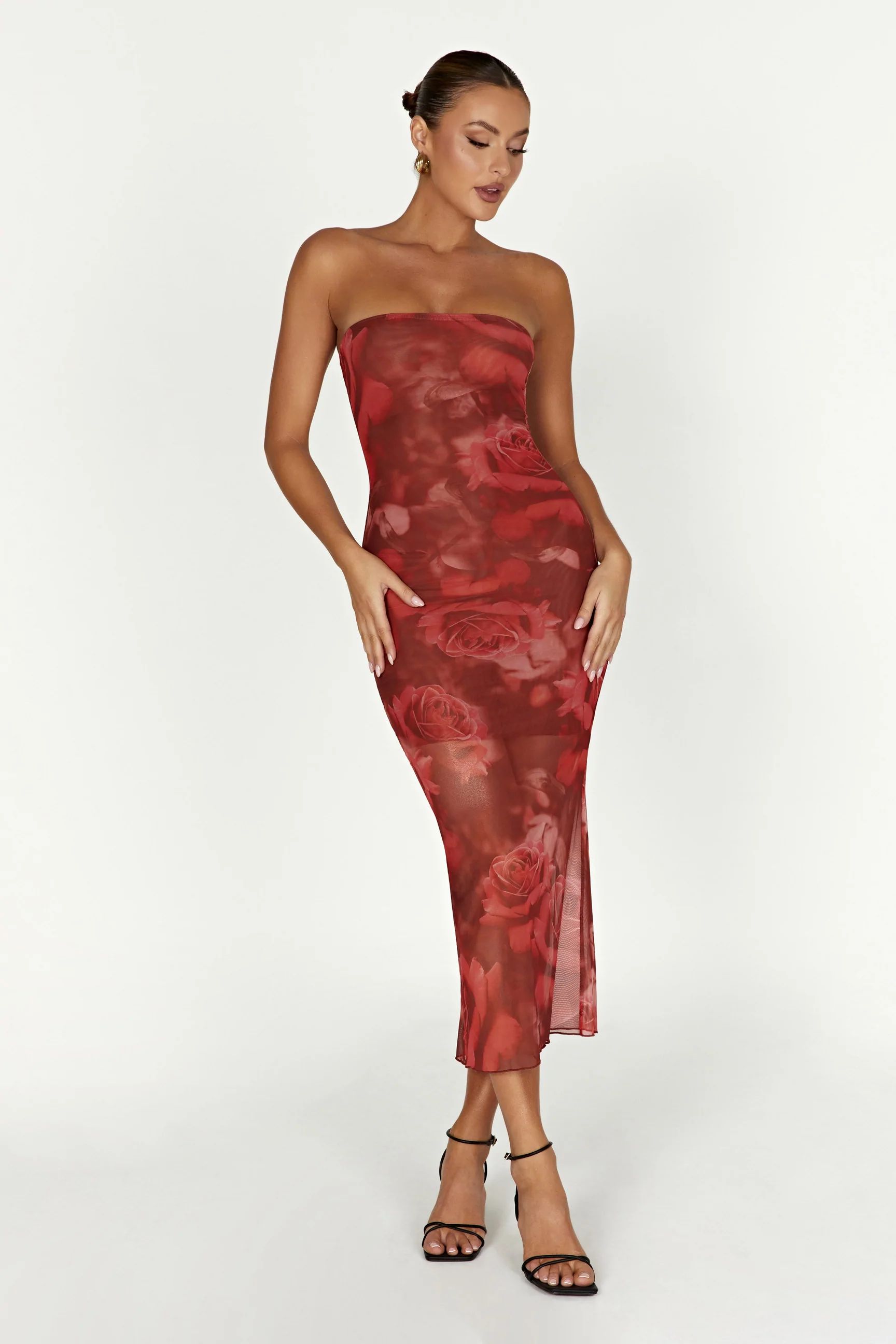 Aphrodite Strapless Mesh Dress - Oversized Rose Print | MESHKI US