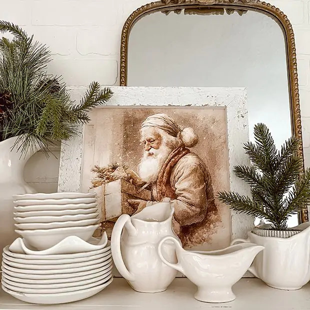Rustic Framed Vintage Santa With Present Wall Art | Antique Farm House