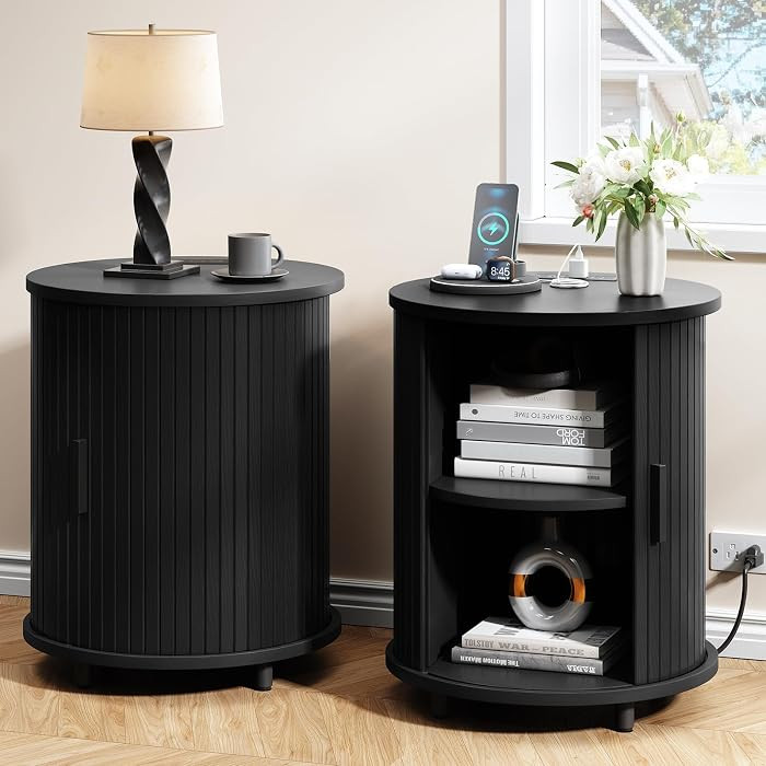 Round End Table Set of 2 with Charging Station, Side Table Black | Amazon (US)