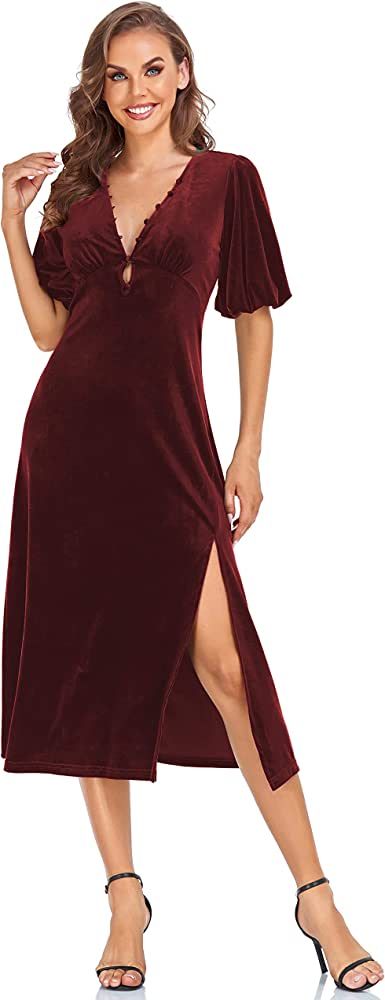 Aigeman Women's Boho V Neck Velvet Maxi Dress Sexy Backless Lantern Puff Sleeves Side Slit Cocktail  | Amazon (US)