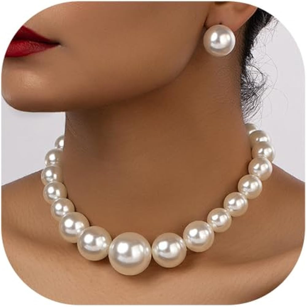 Chunky Pearl Necklace Stackable Layered Choker Large Statement Faux Pearls Beaded Necklaces for B... | Amazon (US)