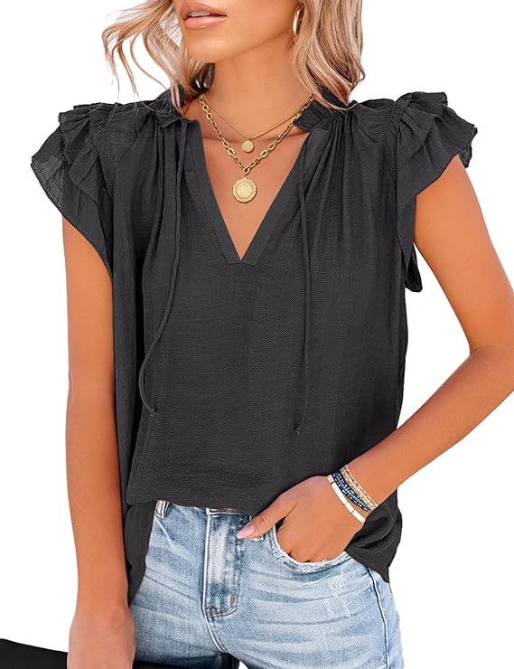 LookbookStore Women's Casual V Neck Tops Ruffle Flutter Shirt Cap Sleeve Blouse | Amazon (US)
