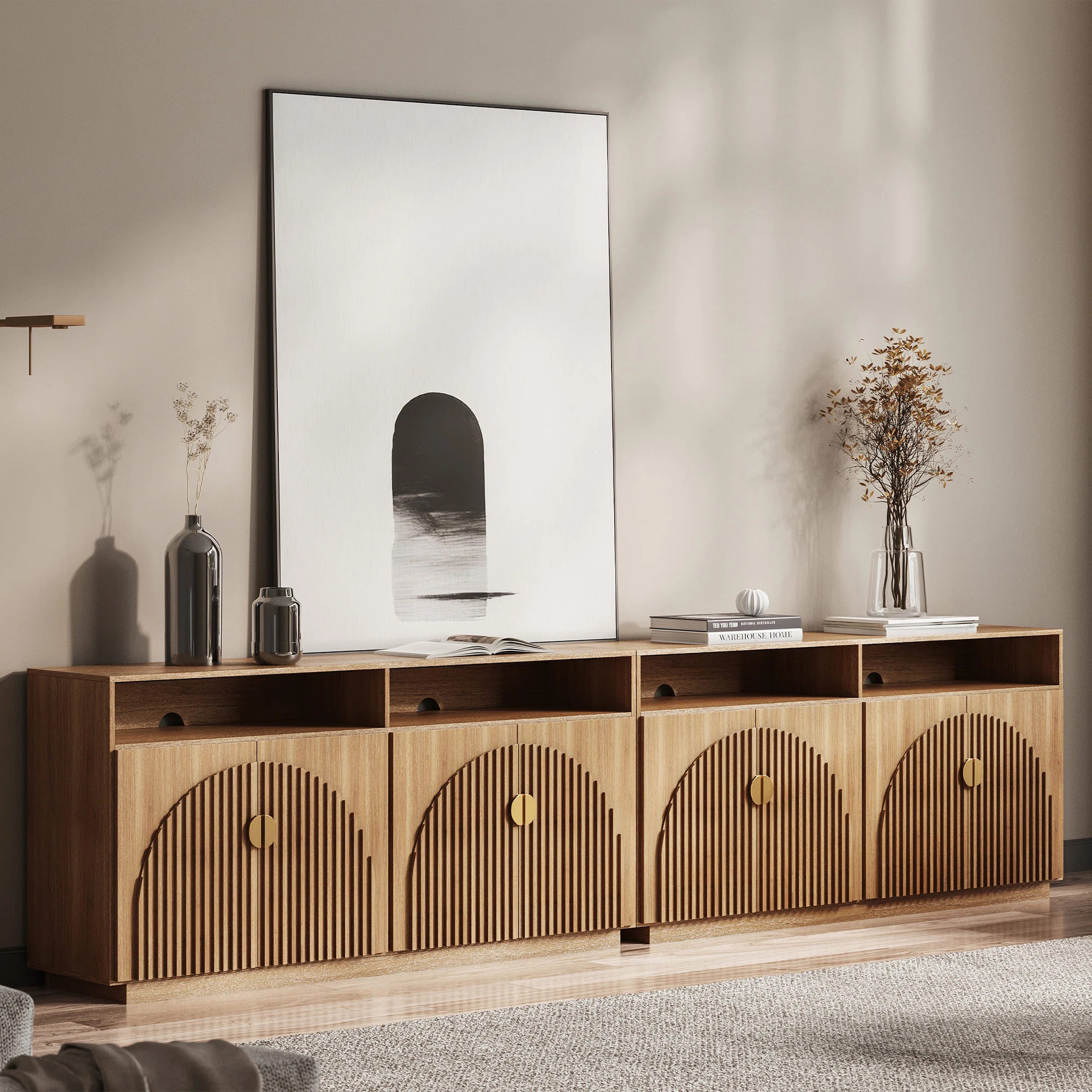 65 Inch Fluted TV Stand, Mid Century Modern Entertainment Center with Storage Cabinets & Open She... | Wayfair North America