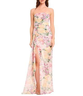 Lulu Strapless Ruched Floral Print Metallic Chiffon Rape Front Illusion Hem Column Gown | Dillard's