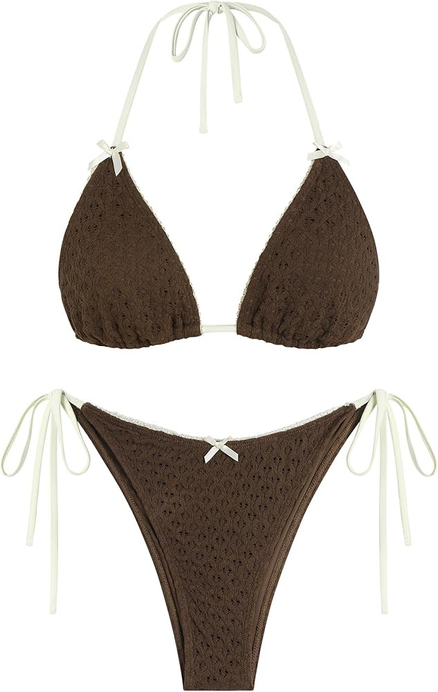 ZAFUL Women's Sexy Halter Bikini Sets Bow Decor Tiny Floral Print Bikini Swimsuits Tie Side Trian... | Amazon (US)