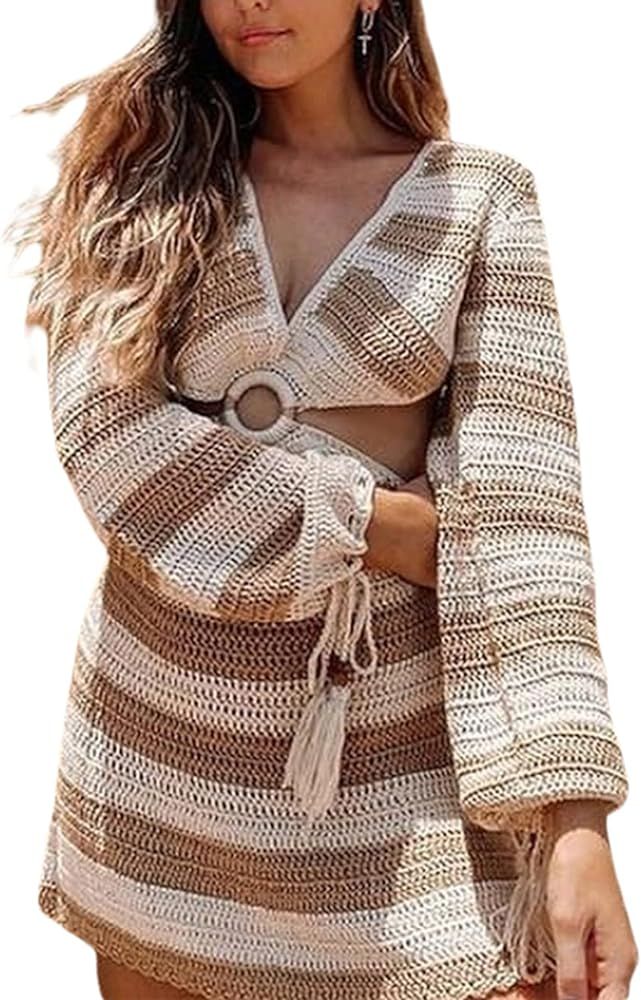 NUFIWI Women's Long Sleeve Knitted Bodycon Dress Deep V Neck Backless Mini Dress Cut Out Crochet ... | Amazon (US)
