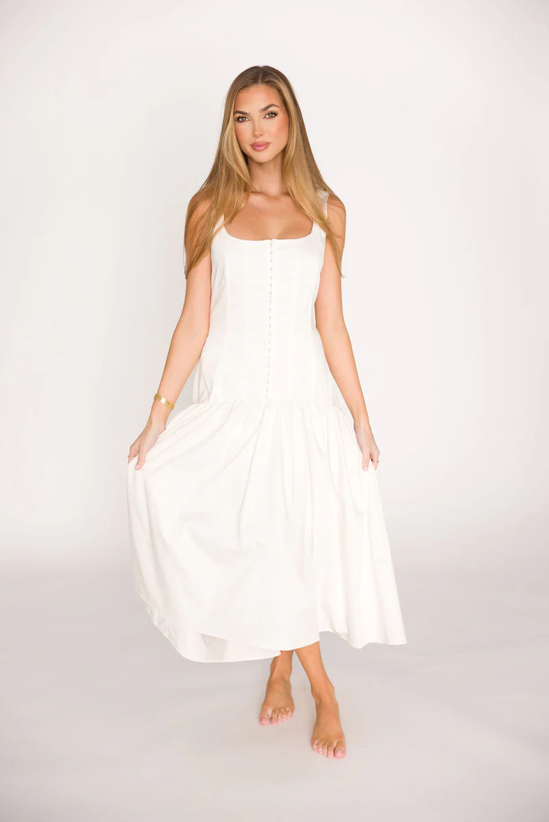 Violet Corset Style Drop Waist Midi Dress in Off White | Worth Collective
